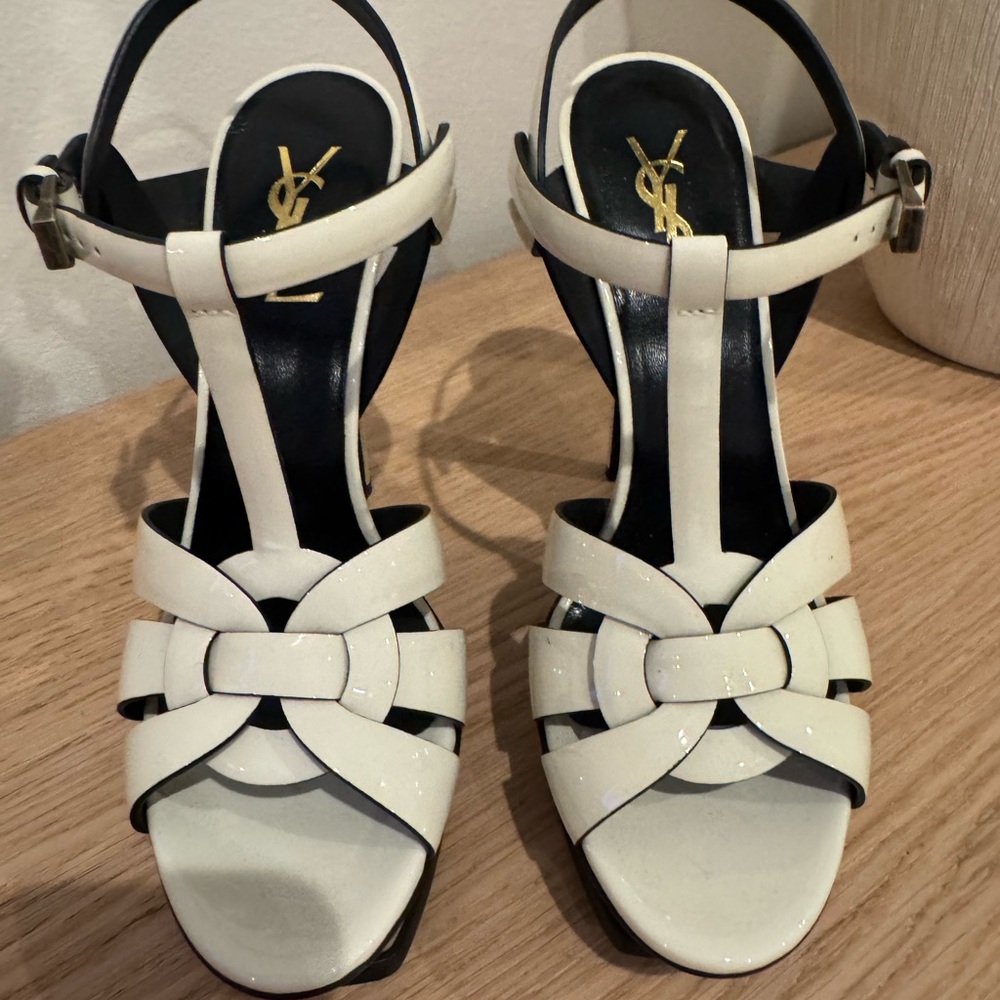 Saint Laurent Cream Patent Leather T-Strap Heeled Sandals